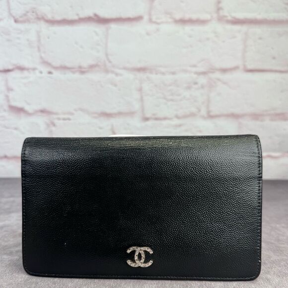 Chanel Bi-fold L Yen Black Long Wallet Silver Coco Caviar Leather - Picture 1 of 16
